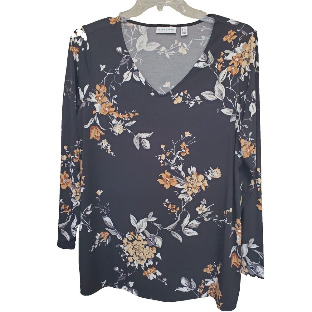 Susan Graver LiquidKnit Black Floral V-Neck Tunic Size 1X